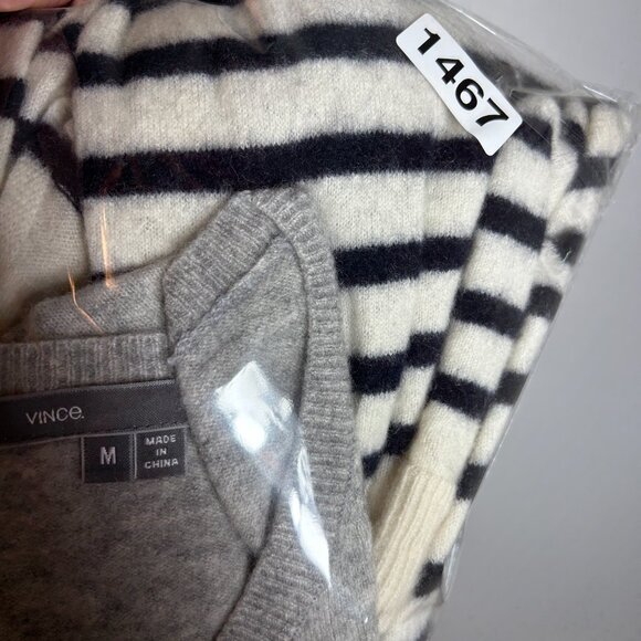 VINCE LADIES CASHMERE SWEATER MEDIUM GREY BLACK BUTTERCREAM STRIPED COMFY CASUAL - Picture 15 of 15